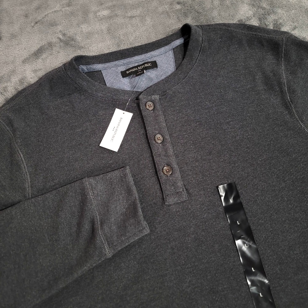 Banana Republic Shirt Men Large Gray Henley Knit Long Sleeve Minimalist NWT